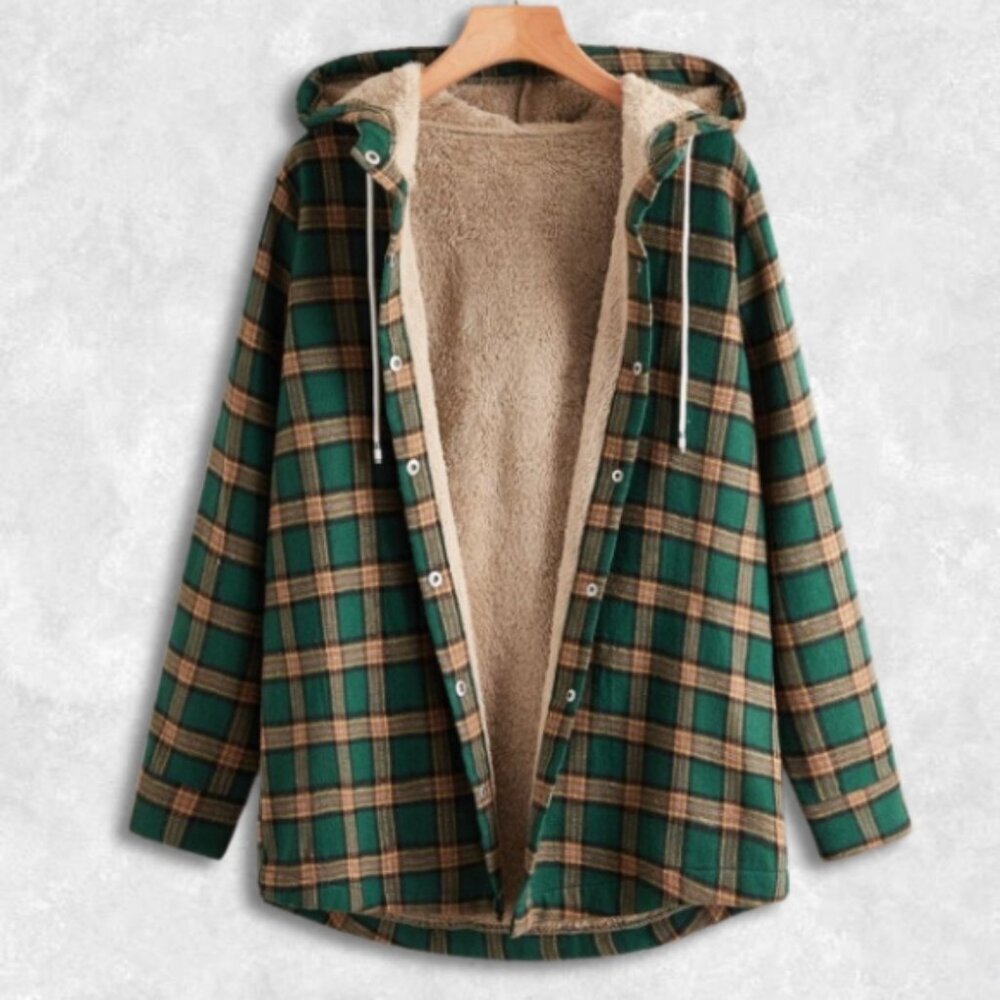 ROMWE Green and Tan Plaid Teddy-Lined Hooded Jacket